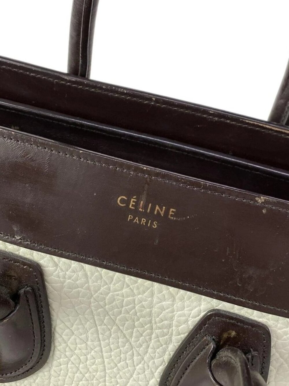 CELINE Luggage Micro Shopper - Dark Brown White Gray Beige Leather Handbag - Picture 12 of 15
